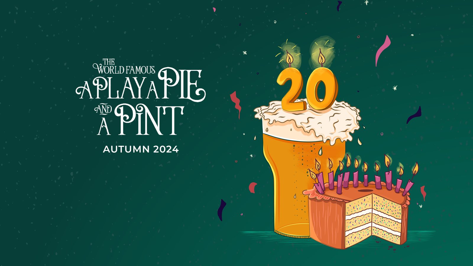 An illustration of a pint with '20' in gold candles on top, with a pie that is cut inside like a birthday cake. 