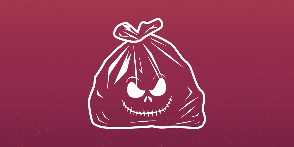 Illustration of a bin bag with a spooky face on it.