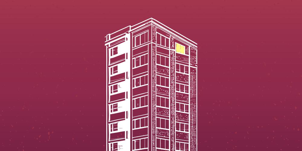 Illustration of a high-rise building with one light on the top floor.
