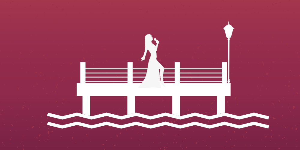 Illustration of a woman standing and singing on a pier.